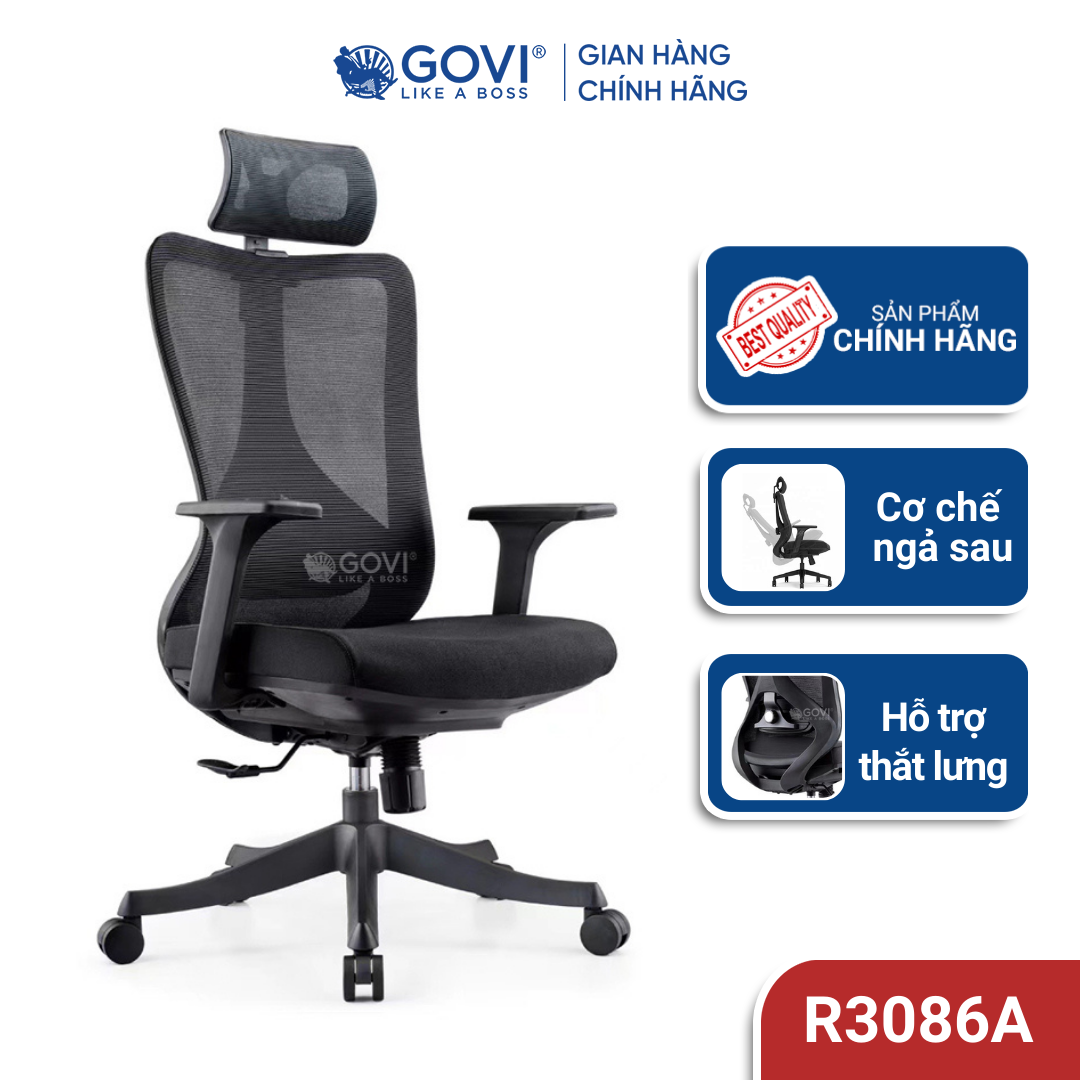 Ghế công thái học Ergonomic GOVI Ryan R3086A - Tựa đầu điều chỉnh, tựa tay cố định, khóa 1 vị trí lưng thẳng