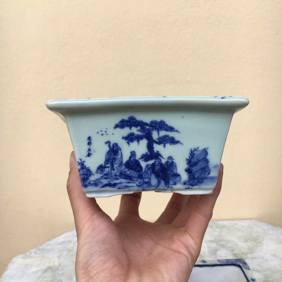 Chậu bonsai Vuông mini men vẽ giả tàu gốm Bát tràng 2 size BM-91