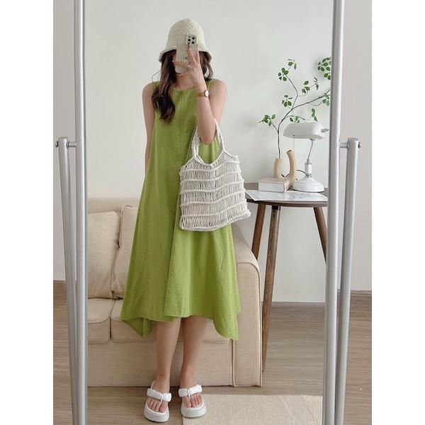 Váy ba lỗ chất đũi không nhăn form rộng oversize Váy suông dáng dài vintage