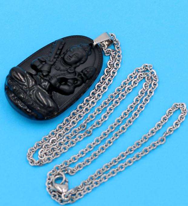 Vòng cổ phật Hư Không Tạng Bồ Tát - thạch anh đen 3.6cm DITTEB6 - dây inox bạc - kèm hộp nhung - tuổi Sửu, Dần