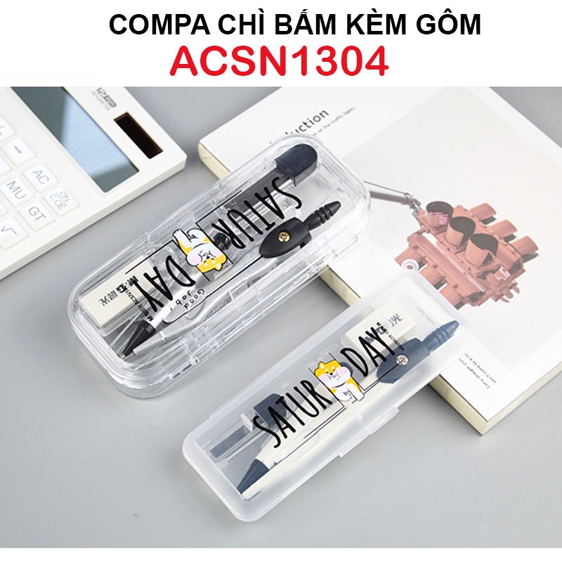 Compa Saturday M&G ACSN1304 chì bấm kèm cuc gôm, hộp ngòi màu Đen có hình mèo