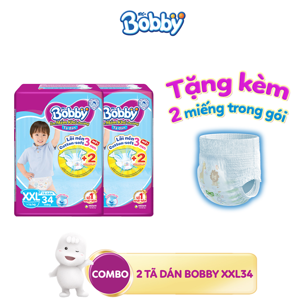 [Tặng kèm 2 miếng trong mỗi gói] Combo 2 Tã dán Bobby Siêu thấm XXL34 dành cho bé trên 16kg