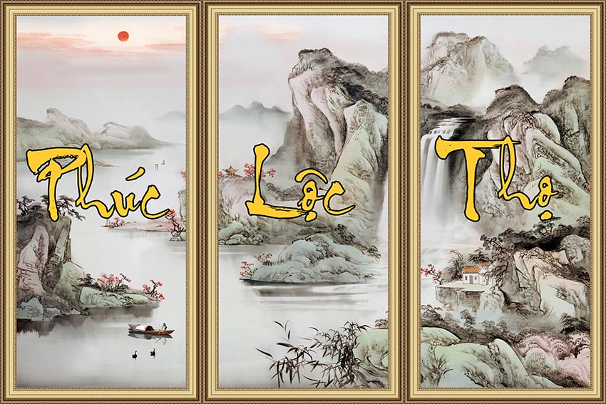 Tranh Phúc Lộc Thọ ( Vải Canvas Dán Tường ) size trung ngang 160 cm x  cao 100 cm , size nhỏ  ngang 100 cm x  cao 60 cm