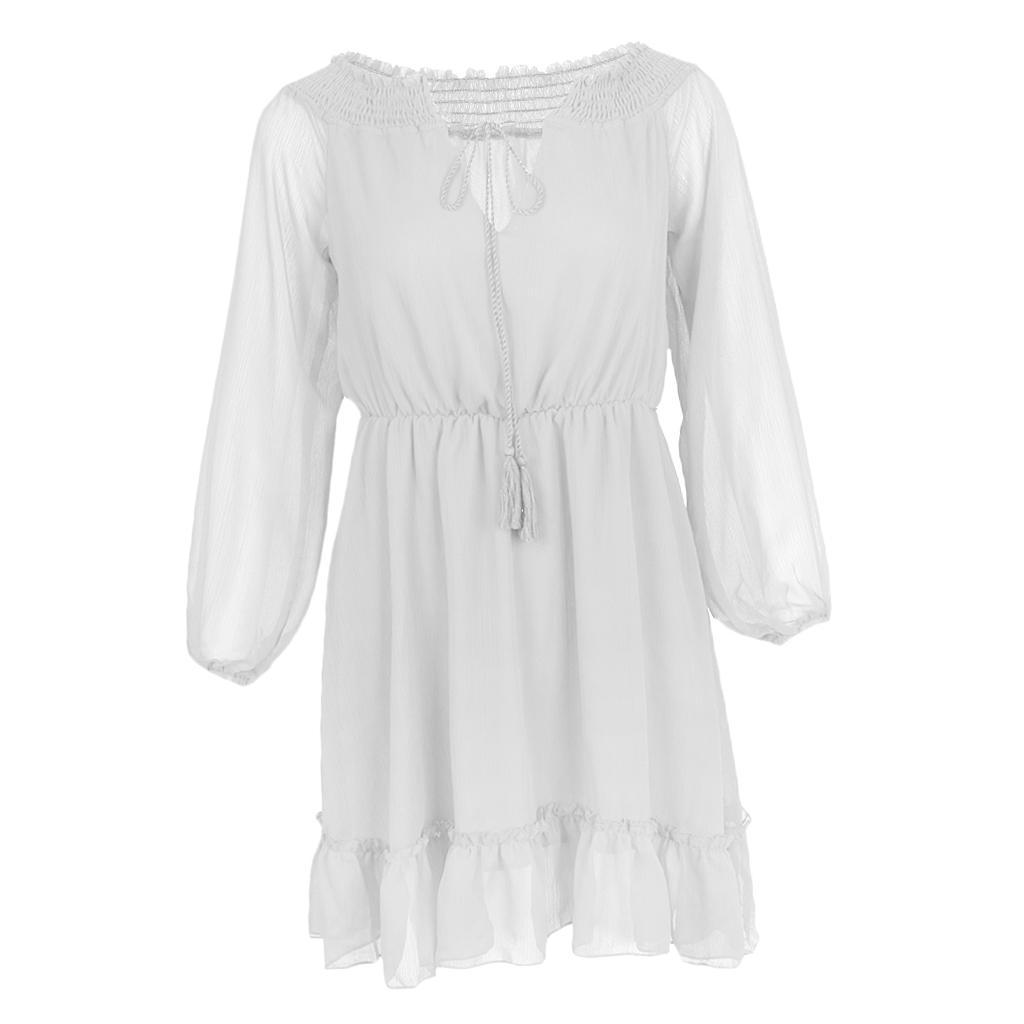 Boho Style Women Ruffle Chiffon Summer Off-Shoulder Bandage Casual Beach Wear Sundress Mini Dress M - 2XL