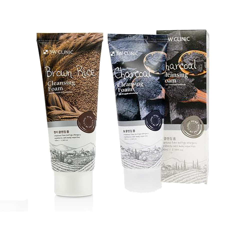 Combo sữa rửa mặt kiểm soát bã nhờn và làm sáng da chiết xuất từ than hoạt tính 3W CLINIC CHARCOAL và chiết xuất từ lúa mạch 3W CLINIC BROWN RICE - Hàn Quốc Chính Hãng