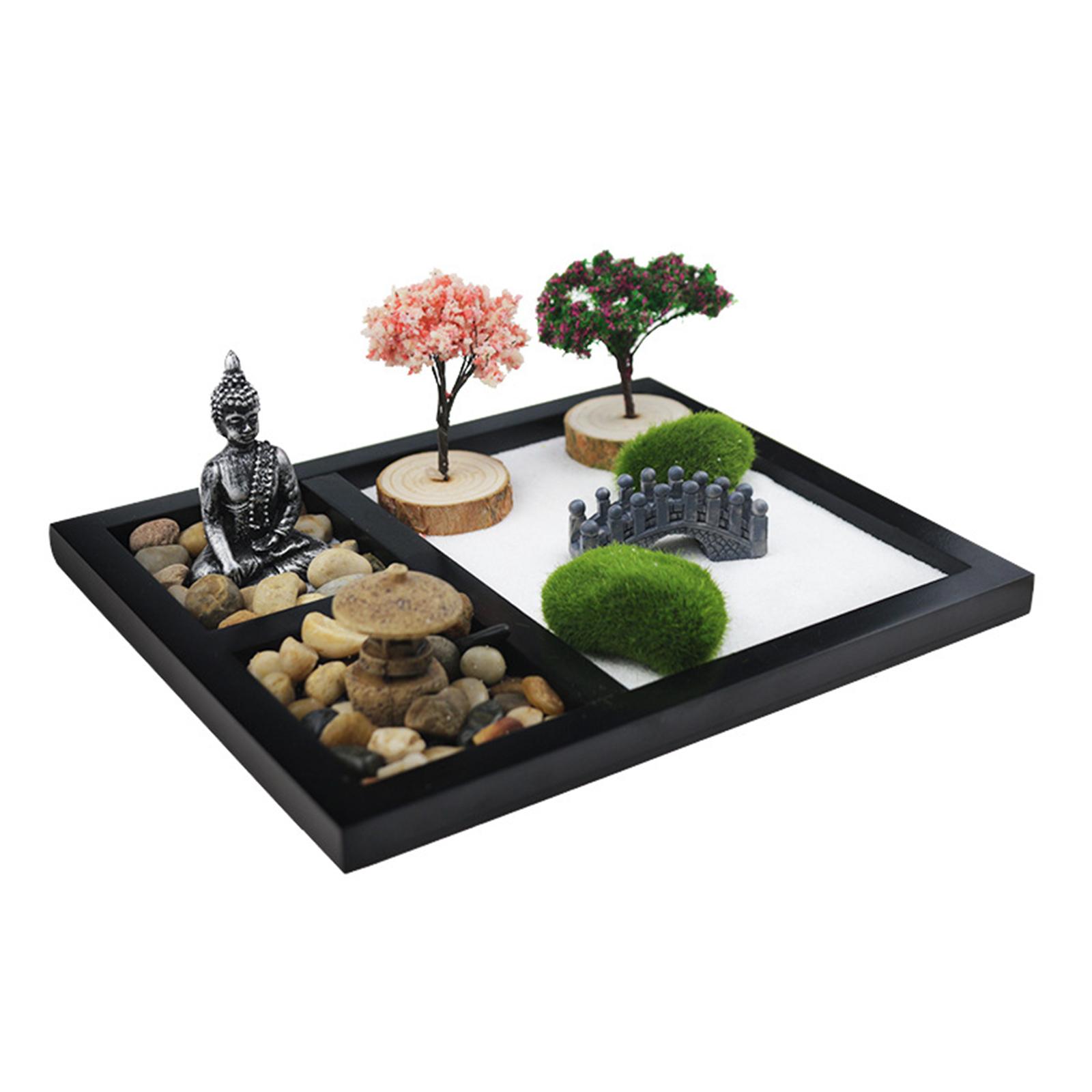 Mini Zen Garden Feng Shui Sand Tray Tree Buddha Statues Stress Relief Home