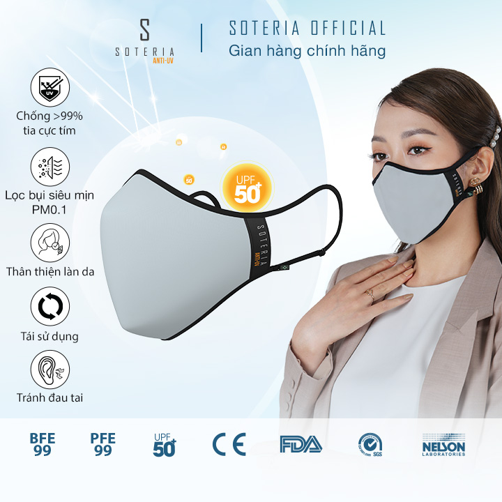 Khẩu trang chống nắng Anti UV Soteria Sea Salt đạt chuẩn UPF 50+, chống khuẩn chống bụi siêu mịn 0.1 micro - Size S,M,L