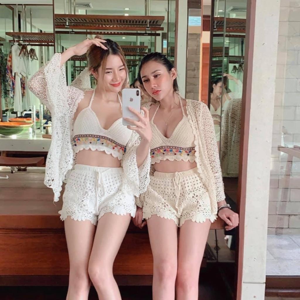 Bikini len móc hàng nhập cao cấp Set bơi 3 mảnh áo quần len kèm áo khoác len đi biển