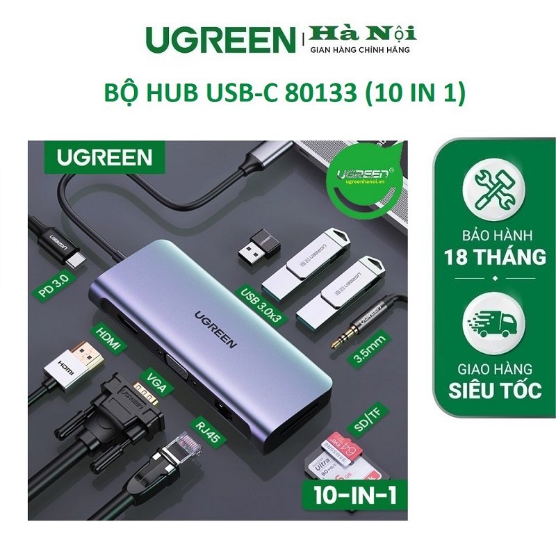 Bộ chuyển đổi USB C to HDMI + VGA + LAN 1Gbps + Hub USB3.0 + SD/TF + Audio Ugreen hàng chính hãng