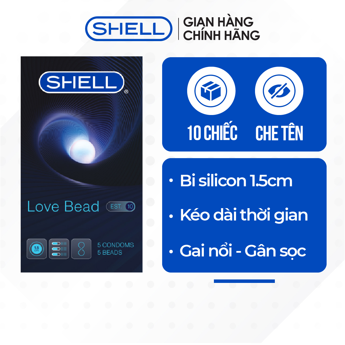 [Hộp 5 cái] Bao cao su Shell Love Bead - Gân nổi, kéo dài thời gian, bi tăng 1.5cm