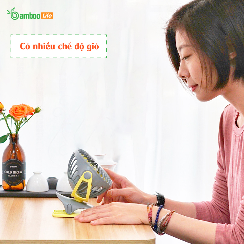 Quạt mini, quạt tích điện để bàn cầm tay Bamboo Life chính hãng dung lượng pin 4000mAh xoay 360 độ sạc pin kẹp nôi kẹp xe đẩy cho bé