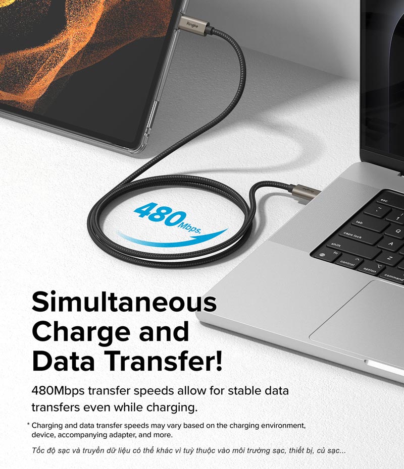 Cáp sạc nhanh cho điện thoại/laptop/tablet RINGKE Fast Charging Basic Cable C-to-C - Hàng Chính Hãng