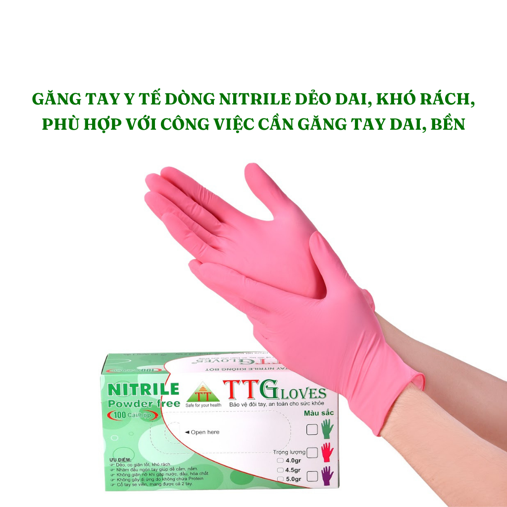 Găng Tay Cao Su Y Tế Size M Không Bột Nitrile TTGLOVES Màu Hồng (100 Chiếc)