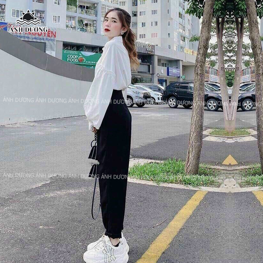 Set áo sơ mi nữ dài tay vải kate và quần baggy đính 4 nút vải umi