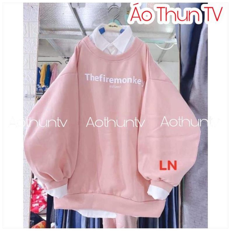 Áo sweater nữ FREESHIP Áo nỉ bo gấu ép nổi chữ ngực dày ấm tay bồng form rộng co giãn 3 màu đen xanh hồng