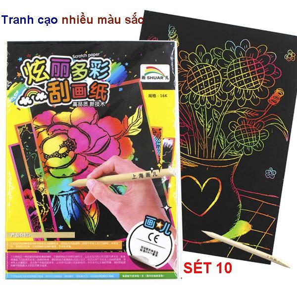 Tranh cạo nhiều màu sắc thú vị, set 10 tờ tranh kèm bút