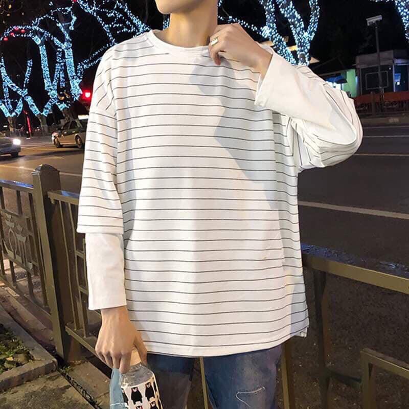 Áo thun tay dài form rộng unisex - sweater sọc nhí 2 ống tay