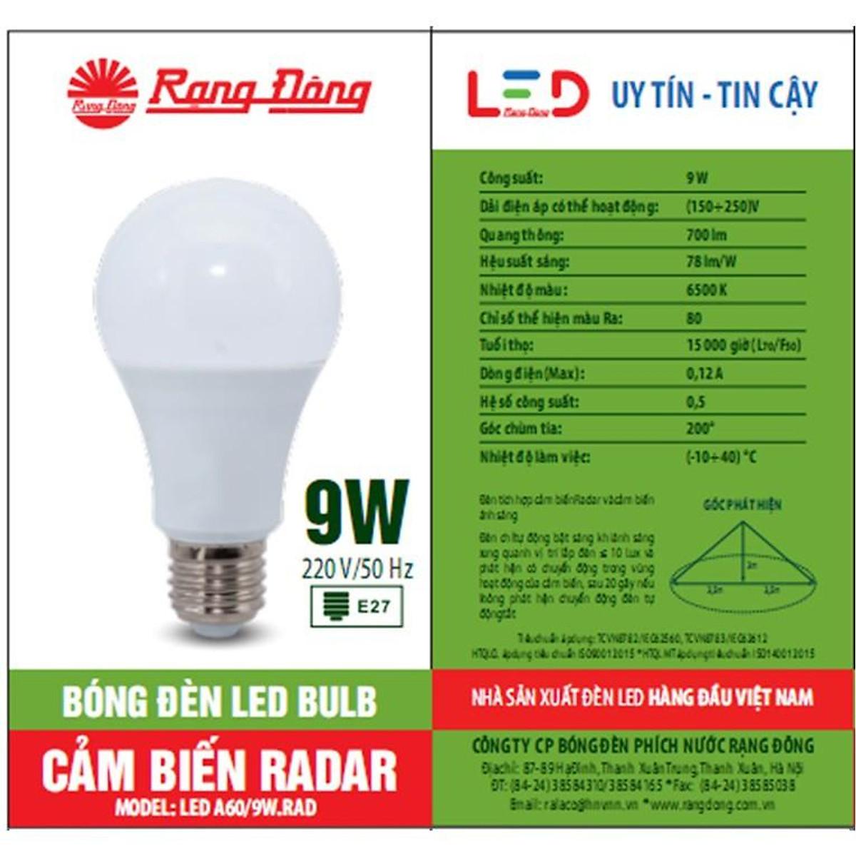 Đèn cảm biến radar 7W/9W/15W LED Rạng Đông - LED A60N3/9W.RAD