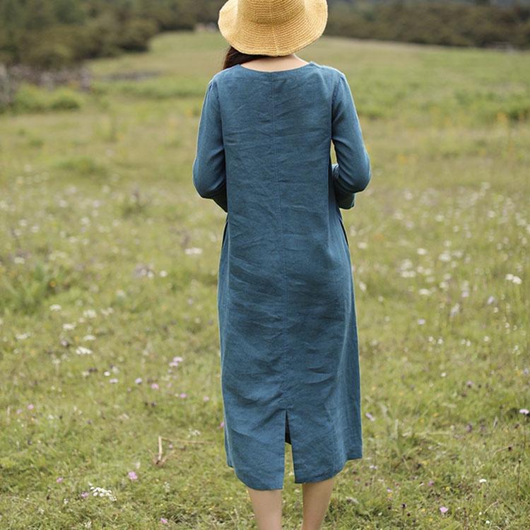 Đầm suông linen cổ tim tay lỡ kèm đai rời, thời trang phong cách trẻ - Xanh coban