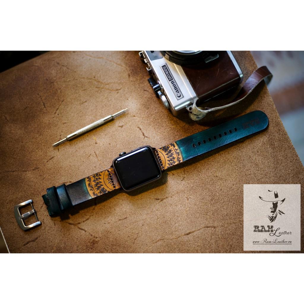 DÂY ĐỒNG HỒ DA BÒ THẬT CAO CẤP - RAM TRỐNG ĐỒNG SIMPLE AQUA GREEN - ĐỦ SIZE 18, 20, 22MM, 24, APPLE WATCH