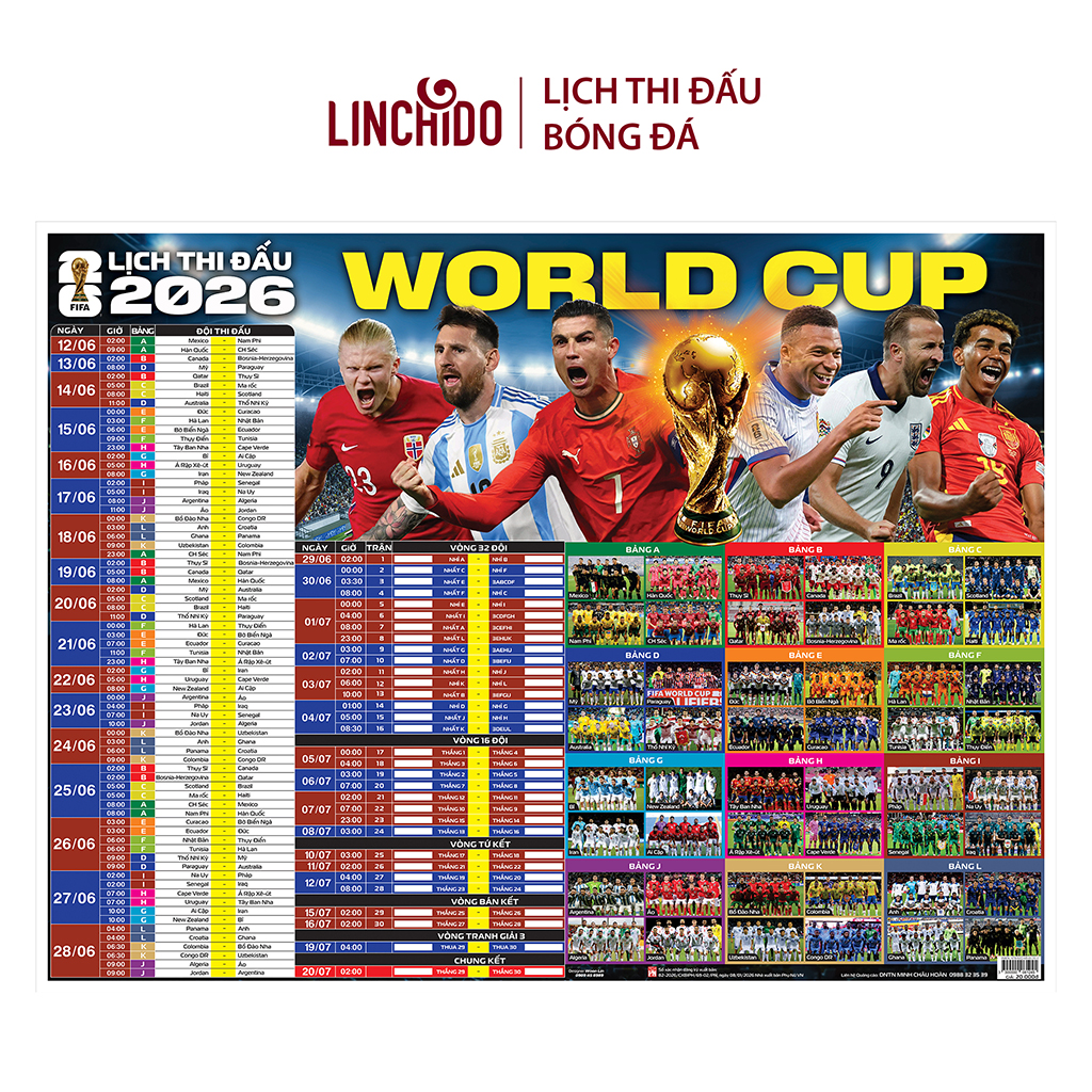 Lịch thi đấu bóng đá World Cup 2026 ( Kích thước 86 cm X 65 cm) chữ to, nhìn rõ
