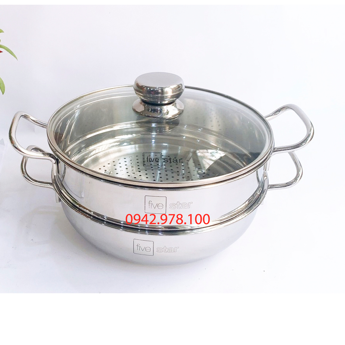 Nồi lẩu xửng hấp inox fivestar 3 đáy từ nắp kính