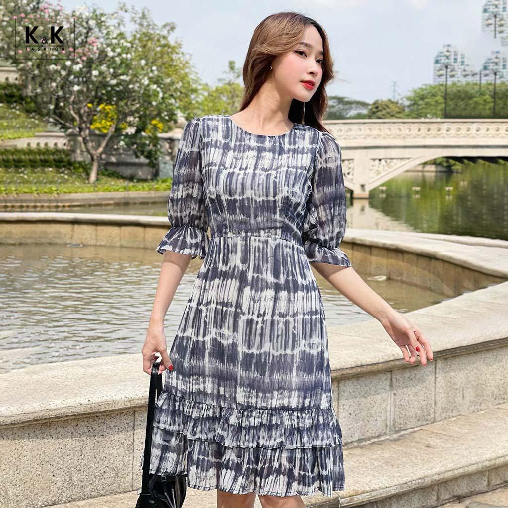 Đầm Đuôi Cá Họa Tiết Tay Lỡ Phối Bèo K&amp;K Fashion KK119-36 Chất Liệu Voan Hàn