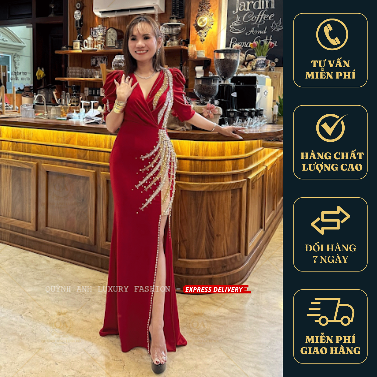 Đầm Dạ Hội Đỏ Đi Tiệc Đá Pha Lê Sang Trọng Cao Cấp Cara Dress