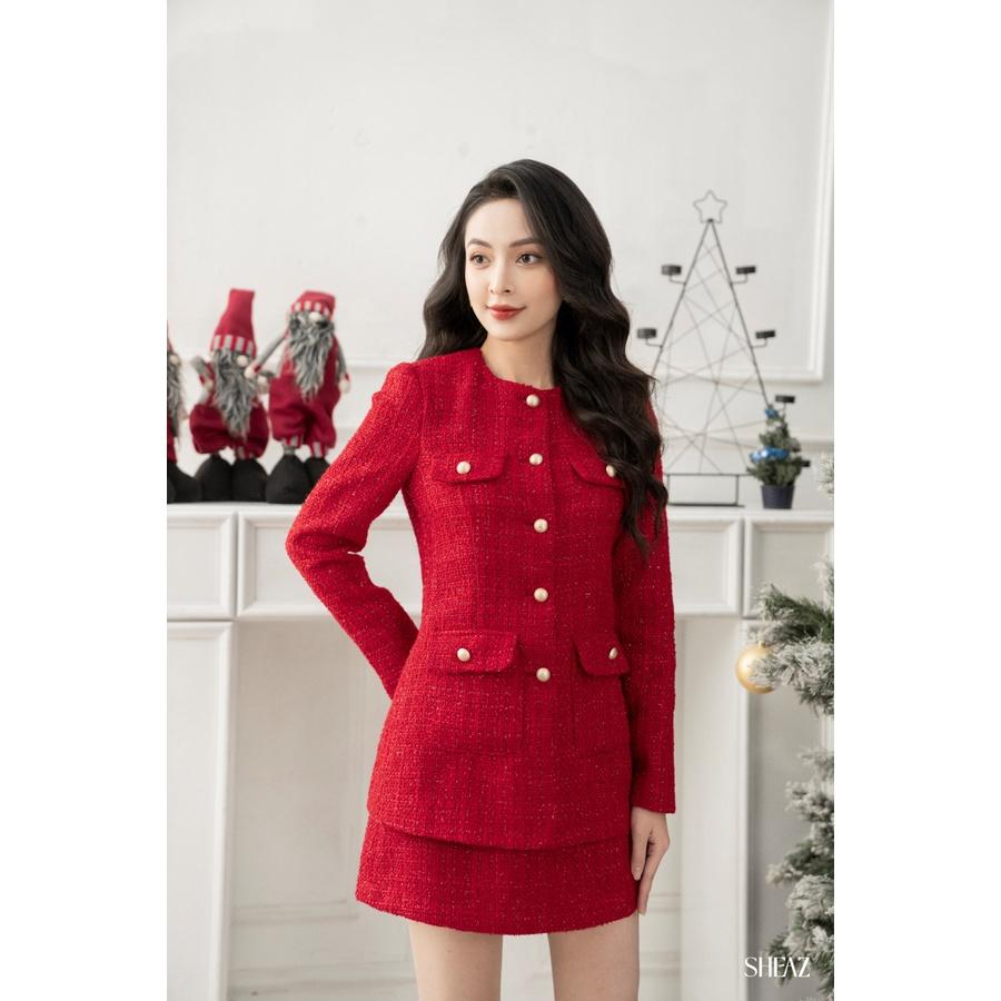SHEAZ Áo Khoác Dạ Tweed Đỏ Cao Cấp Dáng Dài Phong Cách Hàn Quốc Cúc Đồng