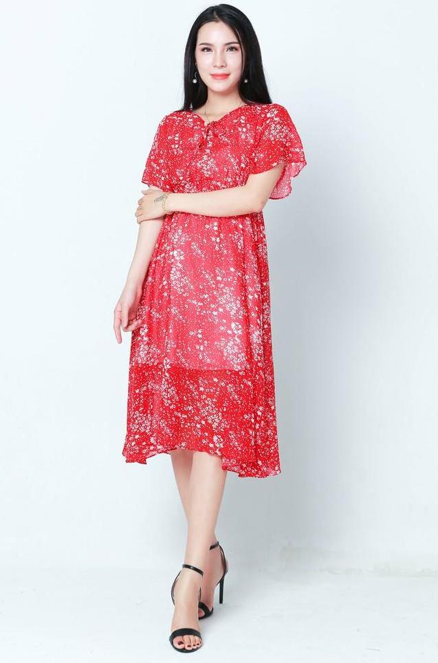 Váy voan hoa đỏ quyến rũ