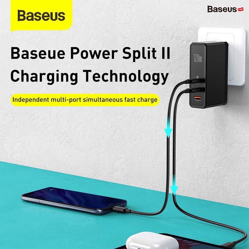 Bộ sạc nhanh đa năng Baseus GaN2 Pro Quick Charger 120W (C+C+A, With C to C Cable, E-mark Chip)- Hàng chính hãng