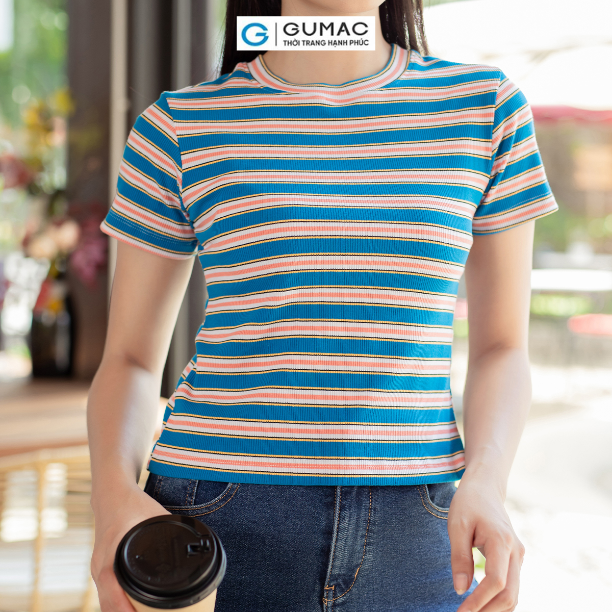 Áo thun nữ gân sọc cổ tròn tay ngắn trẻ trung năng động thời trang GUMAC ATD07070