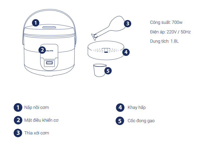 Nồi cơm điện Kalite KL 619, công suất 700W, dung tích 1.8L, quai xách, mâm nhiệt cong, có đai ủ trong 8h, lòng nồi hợp kim nhôm chống dính, hàng chính hãng bảo hành 12 tháng