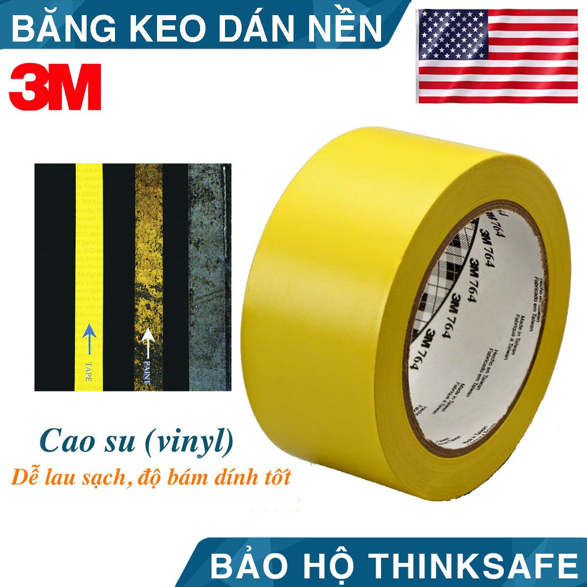 Băng keo dán nền 3M 764 cảnh báo màu vàng chuyên dùng dán cảnh báo phân ô phân làn, cảnh báo nhà xưởng, tủ điện (50mm X 32,9m)