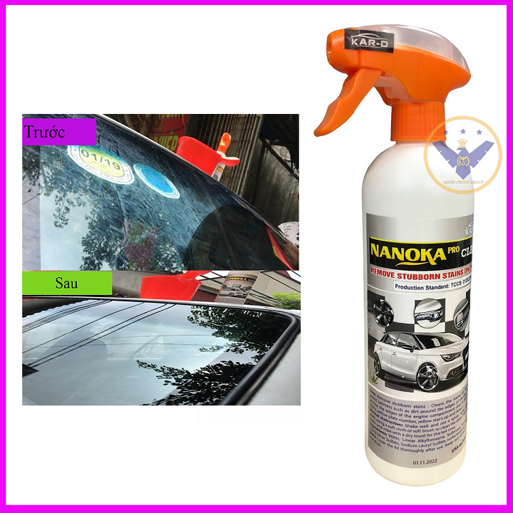 Tẩy ố kính ô tô, ố vàng lazang, logo, nẹp mạ crom Nanoka Clean 500ml