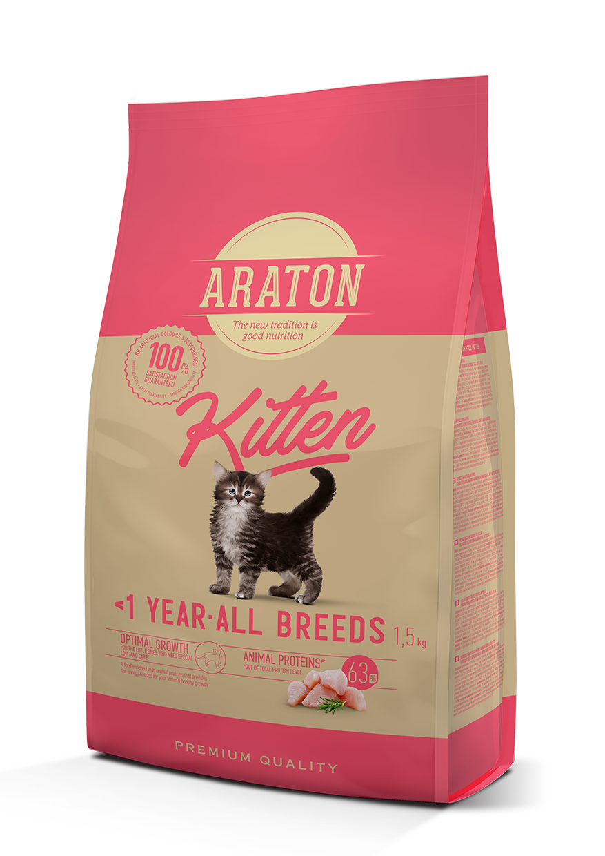 ARATON KITTEN, 1.5kg.  THỨC ĂN ĐẦY ĐỦ DINH DƯỠNG DÀNH CHO MÈO CON, đến 1 năm tuổi. Thích hợp cho mèo đang mang thai và cho con bú.