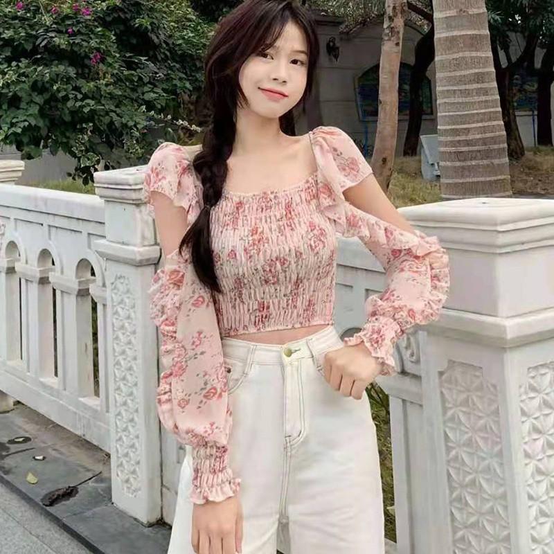 Áo Kiểu Vải Voan Tay Loe Cổ Vuông In Họa Tiết Hoa Xinh Xắn Cho Nữ