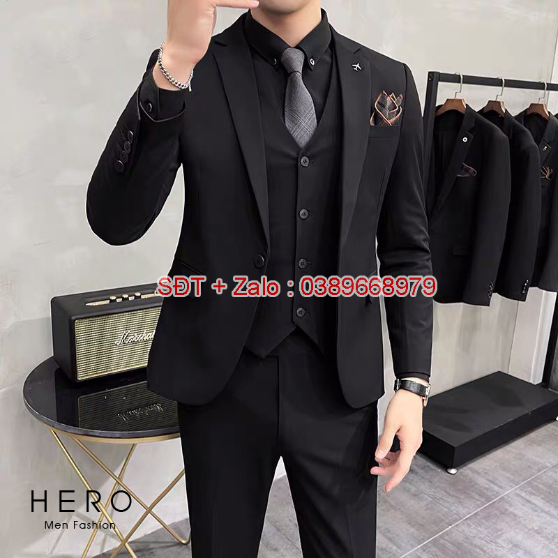 Bộ Vest Nam Cao Cấp 1 Khuy Màu Đen, Bộ Suit Nam Hàn Quốc Vải Sịn, Quần Có Tăng Chỉnh vòng Bụng