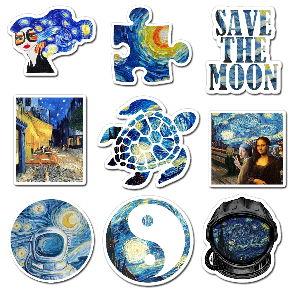 Bộ 50 Sticker The Starry Night Vangogh  dán laptop , điện thoại,bình nước hình dán trang trí