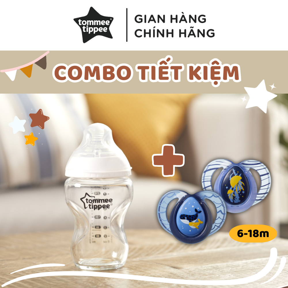 COMBO Bình sữa thủy tinh ty siêu mềm tự nhiên Tommee Tippee Closer to Nature 250ml & Ty ngậm dạ quang cho bé Tommee Tippee Night Time 6-18 tháng - Cá Voi