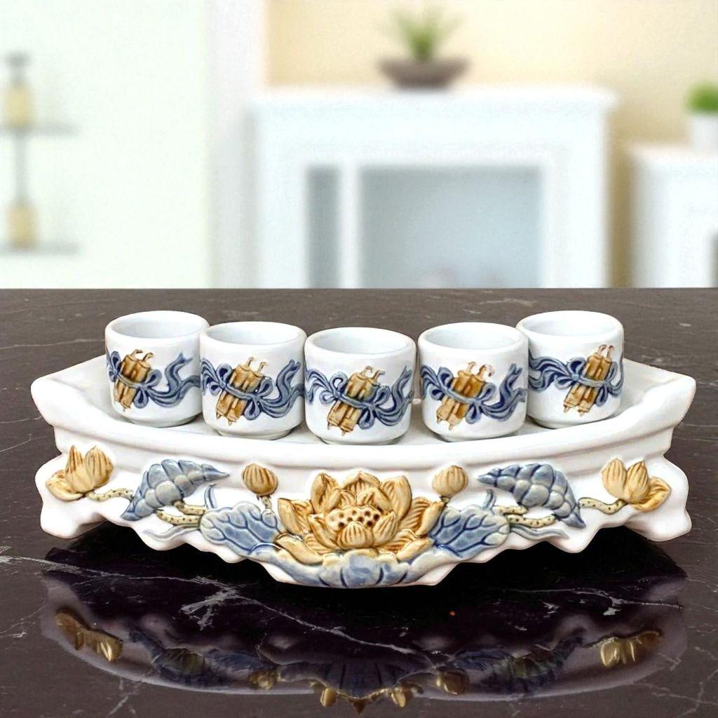 Bộ sứ thờ sen men trắng RỒNG VIỆT - gốm Bát Tràng tinh xảo, lý tưởng cho ban thờ thần tài