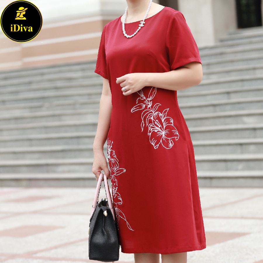 Đầm trung niên cao cấp iDiva D14-35, đầm lụa hoa thêu, mềm mại, sang trọng, dáng suông nhẹ bigsize phù hợp u50 dự tiệc &amp; dạo phố