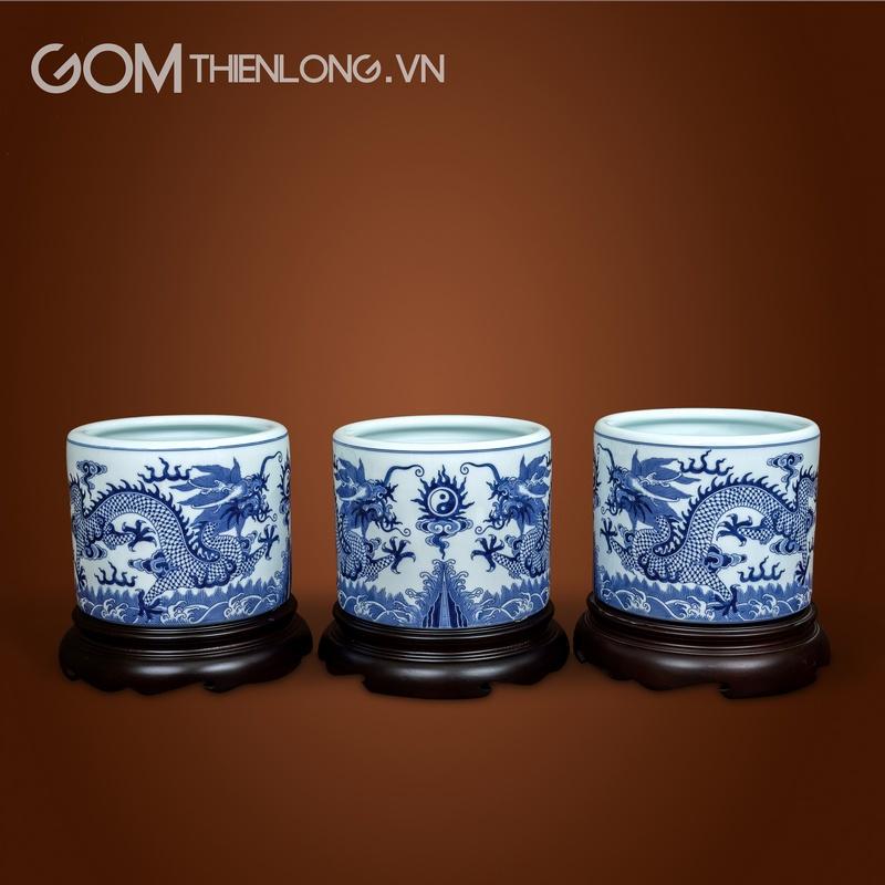 Bát Hương Vuốt Tay - Men Lam Vẽ Kỹ - Đồ Thờ Bát Tràng - Gốm Thiên Long