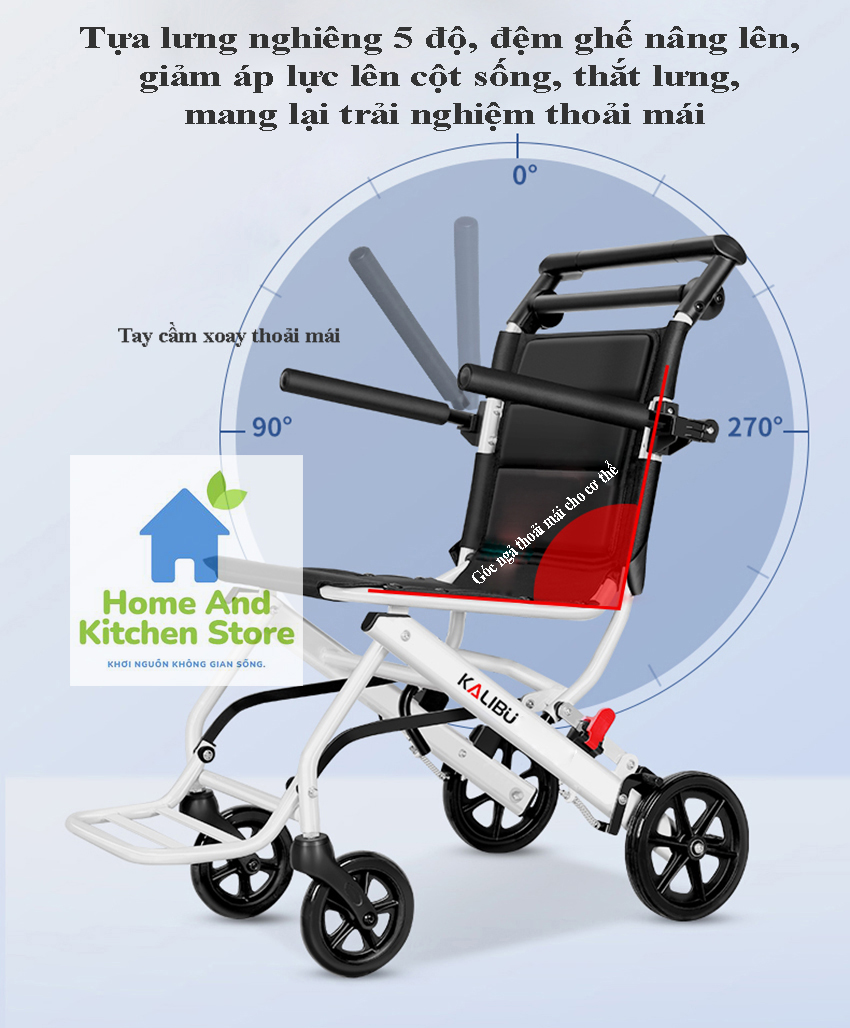 Xe đẩy người già gấp gọn, Xe lăn gấp gọn KALIBU - xe lăn du lịch gấp gọn xách tay siêu nhẹ phù hợp cho người già, người khuyết tật, người bị tai biến