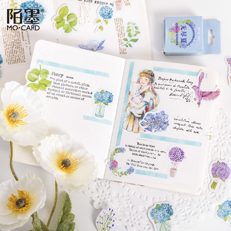 Hộp 46 sticker Cẩm tú cầu xanh - Hộp 45 miếng dán trang trí sổ tay Bullet Journal M874