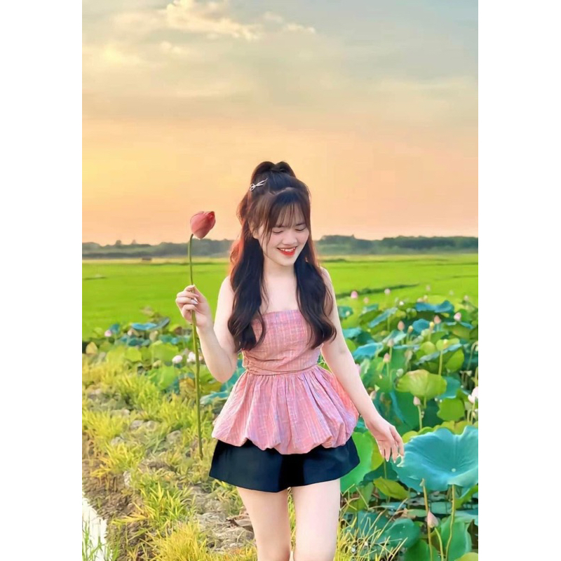 Áo ống cúp ngực bí xoè caro hồng, áo cúp ngực 2 lớp