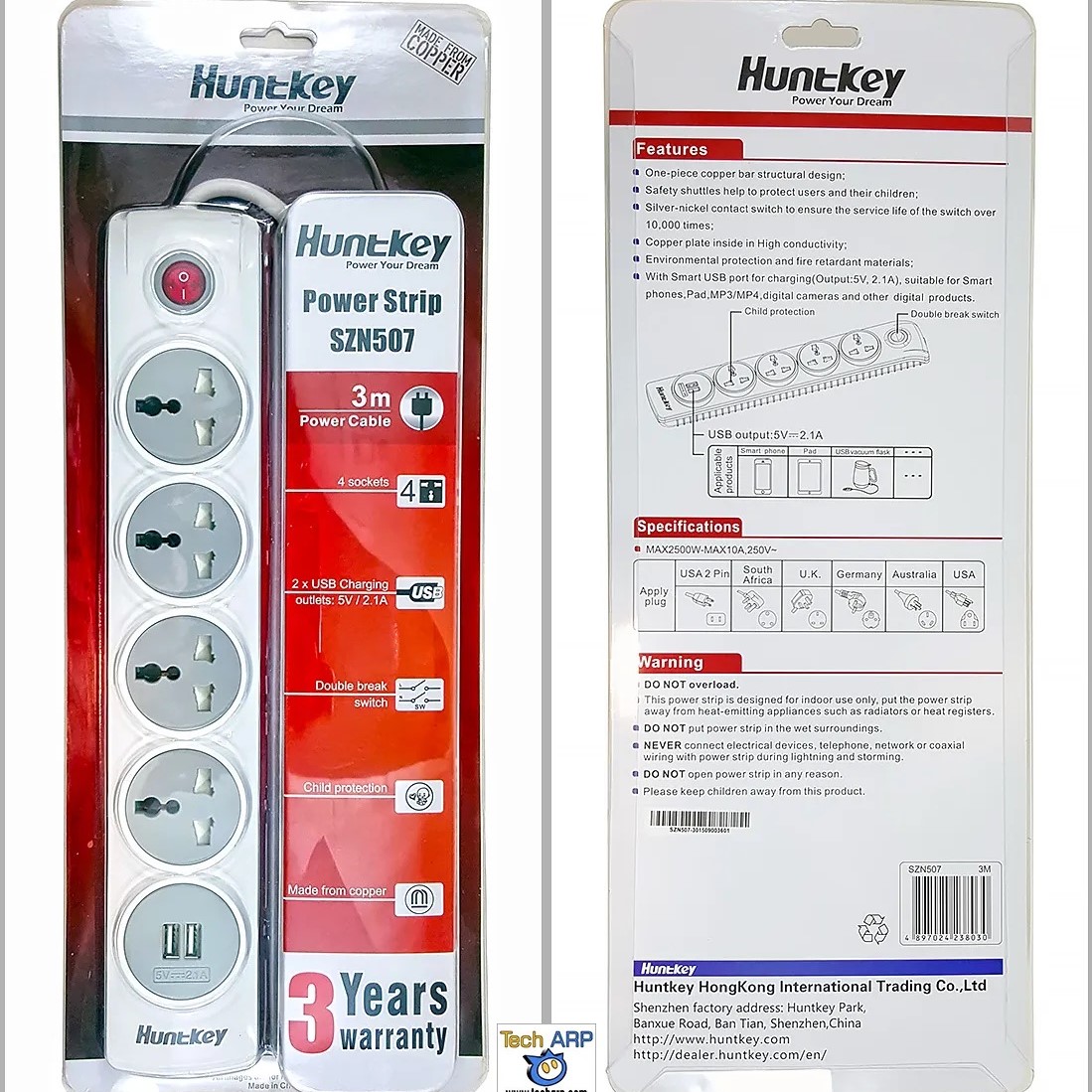 Ổ cắm điện chống giật, có 2 cổng usb sạc điện thoại đa năng thông minh Huntkey SZN 507, - Hàng nhập khẩu