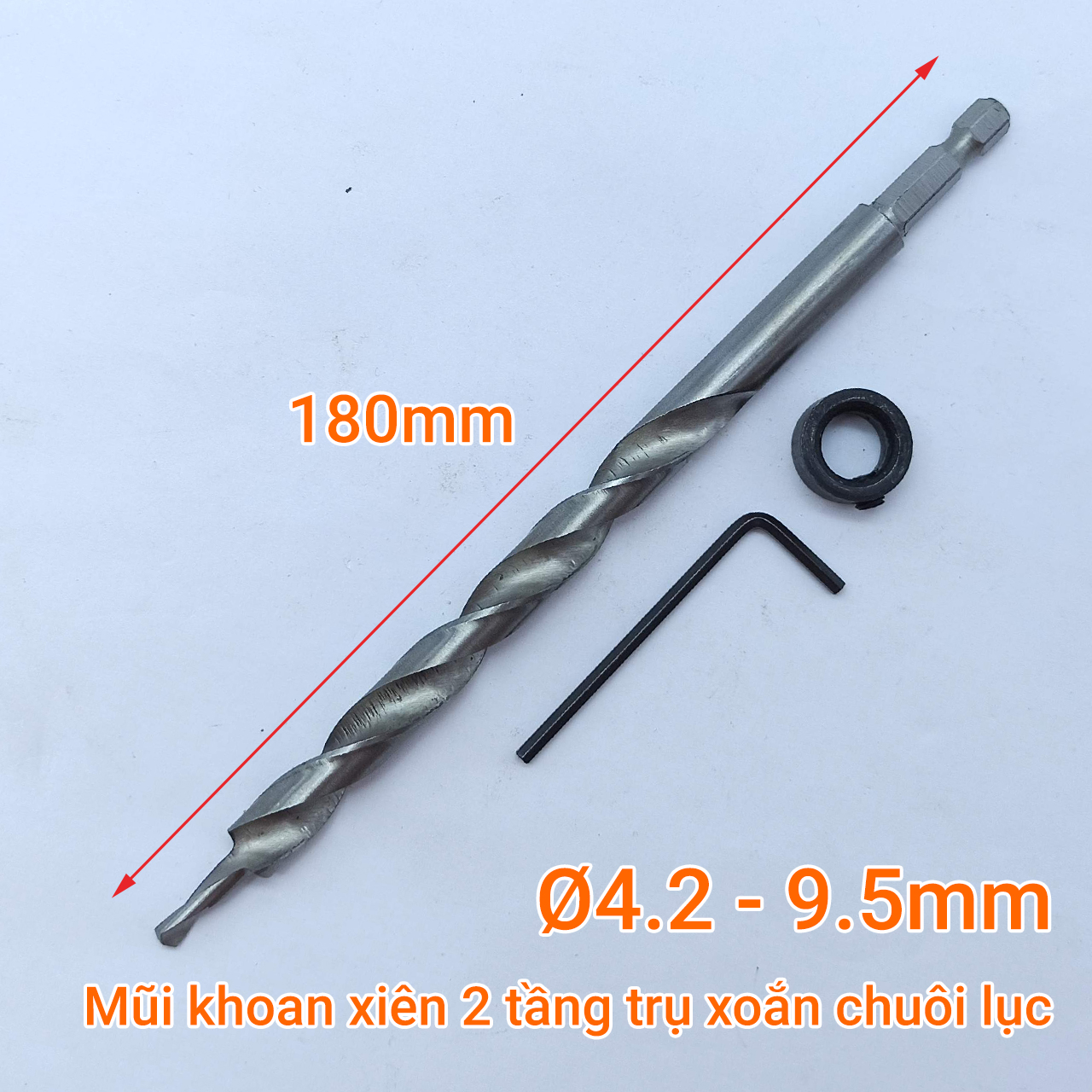Mũi khoan xiên 2 tầng trụ xoắn trắng 4.2-9.5mm chuôi lục dài 180mm