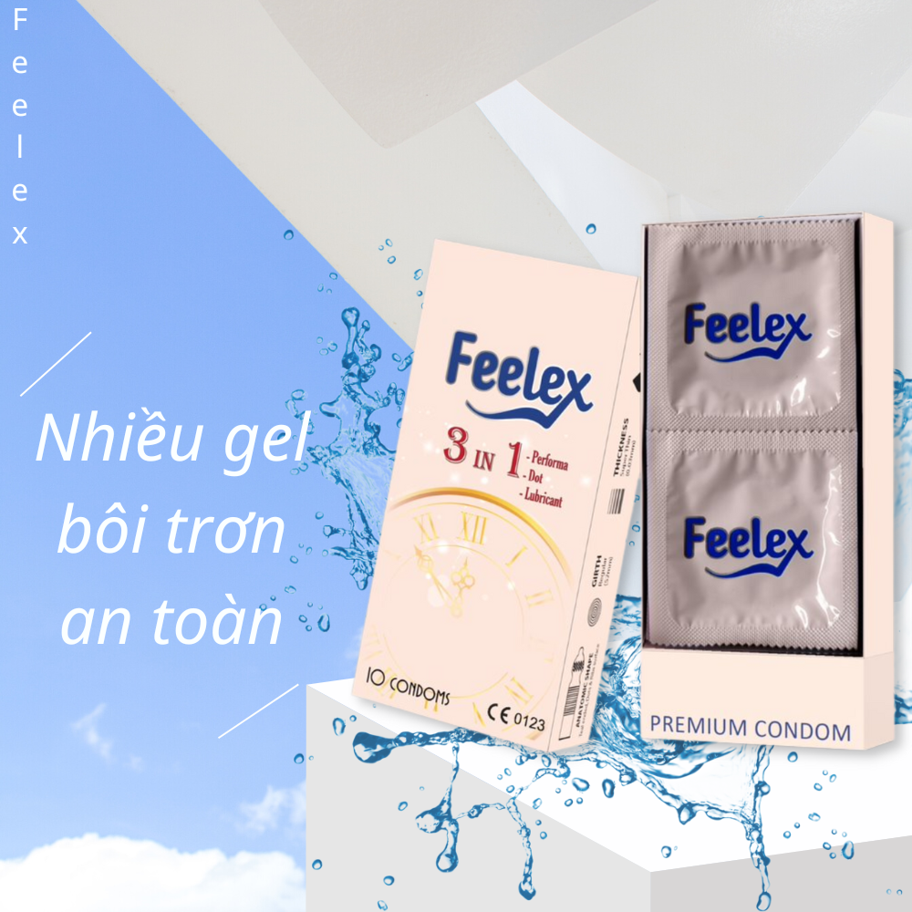 Bao cao su Feelex 3in1 gân gai, nhiều gel bôi trơn, kéo dài thời gian quan hệ, nhiều mùi hương, hộp 10 bcs