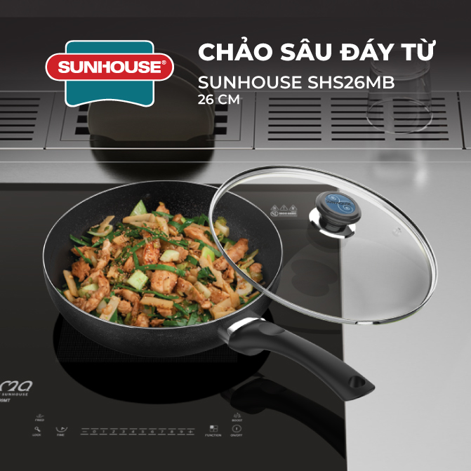 Chảo sâu lòng vân đá Stone Pro chống dính Vung kính cường lực siêu bền Sunhouse SHS20ME - Dùng trên mọi loại bếp - Hàng chính hãng